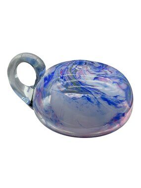 Handcrafted Blue & Pink Swirl Art Glass Paperweight With Clear Handle Signed